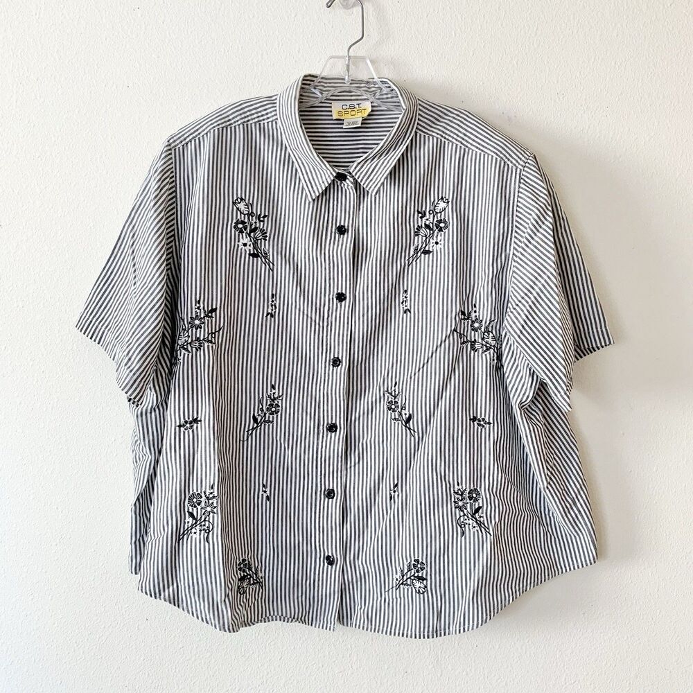 C.S.T Sport Womens Striped Floral Embroidered Cotton Button Up Short Slv Top 30W